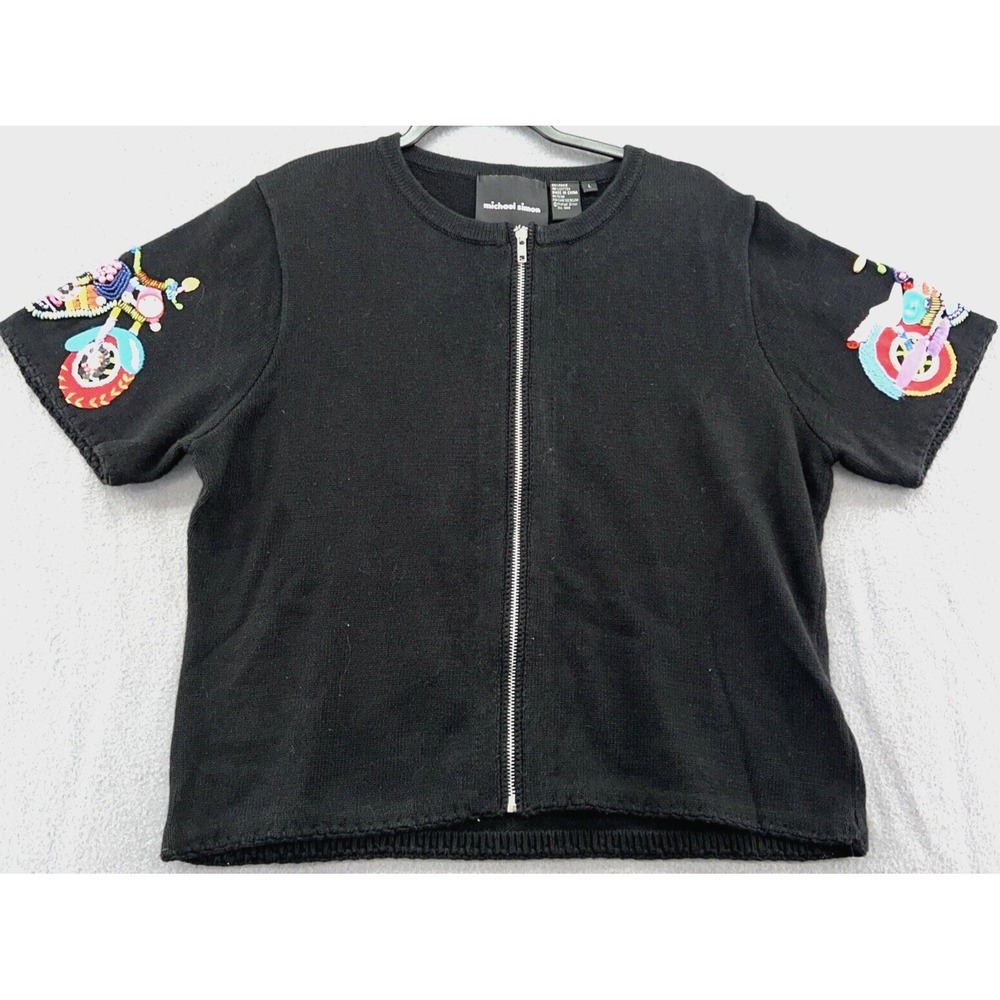 VTG Michael Simon Sweater Womens Large Black Beaded Full Zip Motorcycles